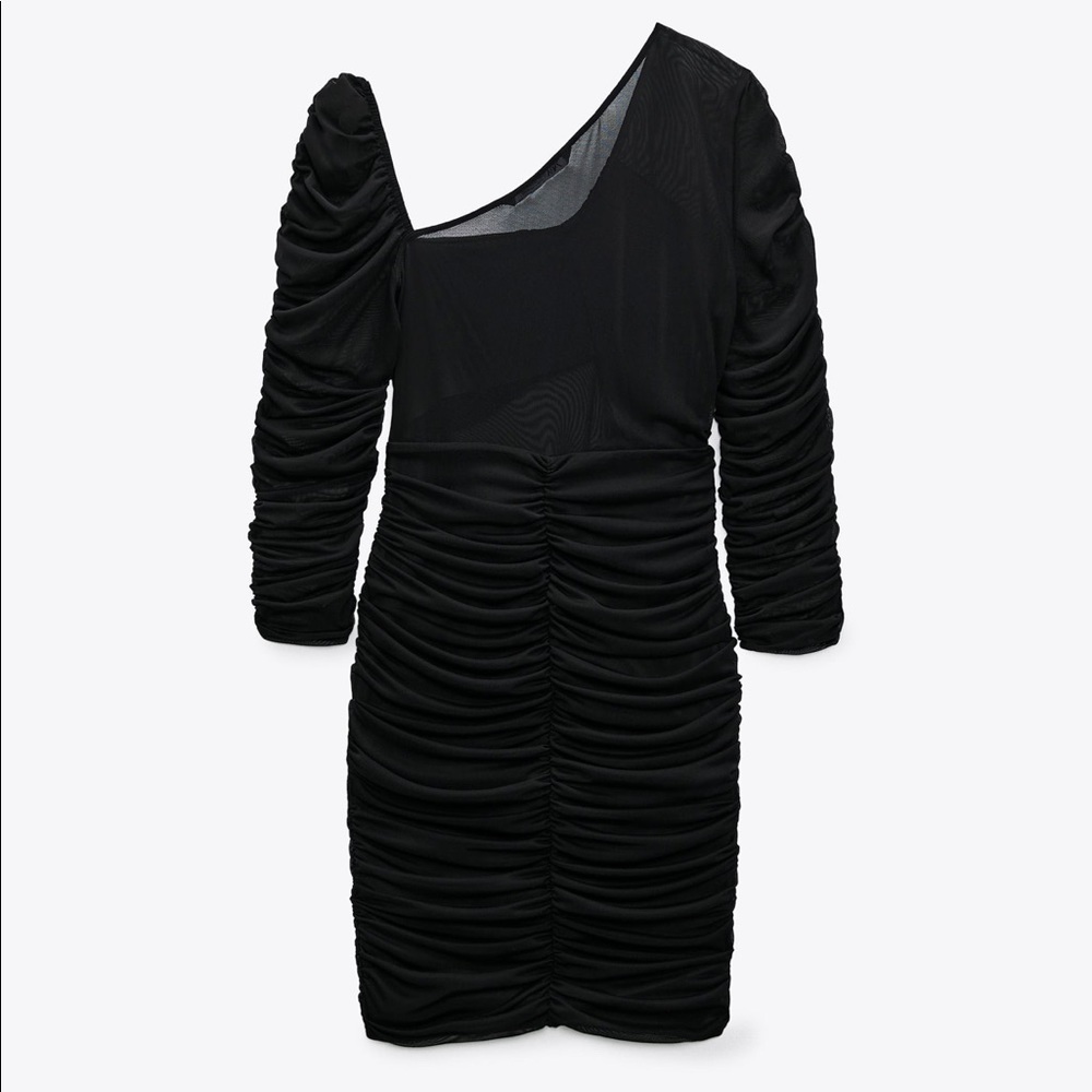 ZARA Draped Ruched Sheer Mini Dress in Black SZ L - Picture 5 of 11